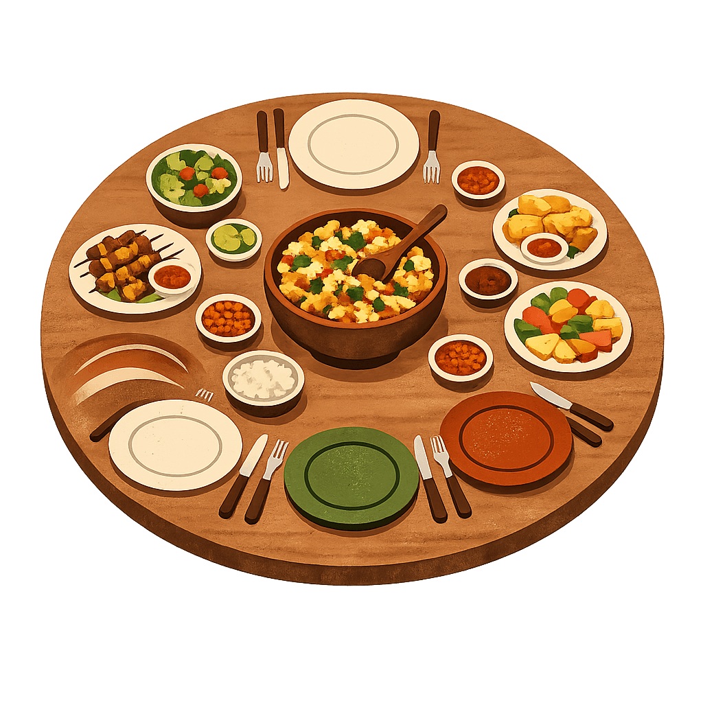 A beautiful family dinner table viewed from above
