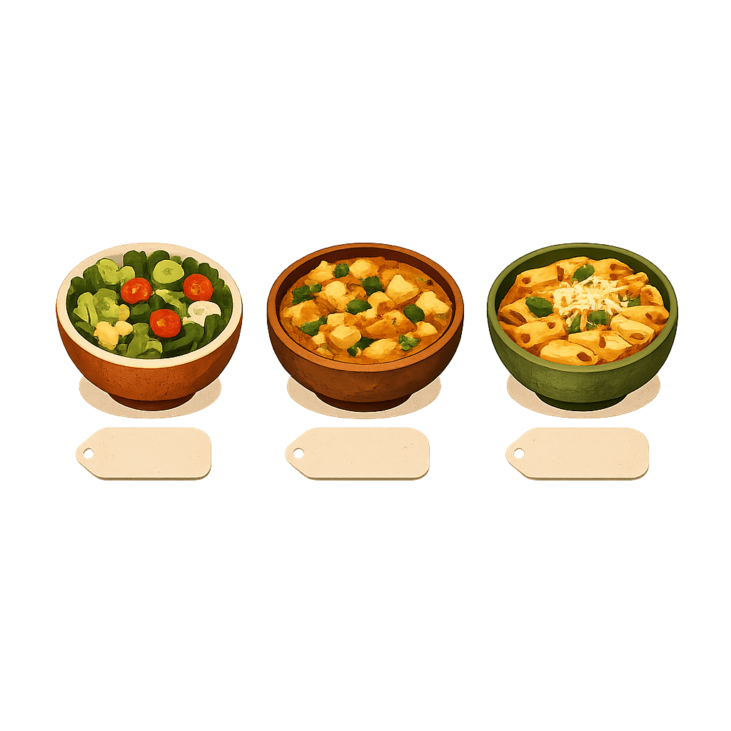 Three colorful bowls of food with labels