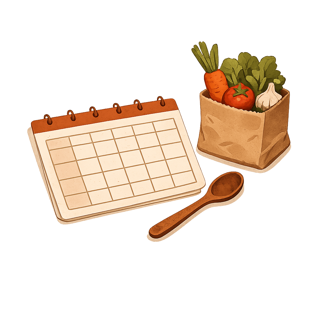 A meal planning calendar with a grocery bag and wooden spoon